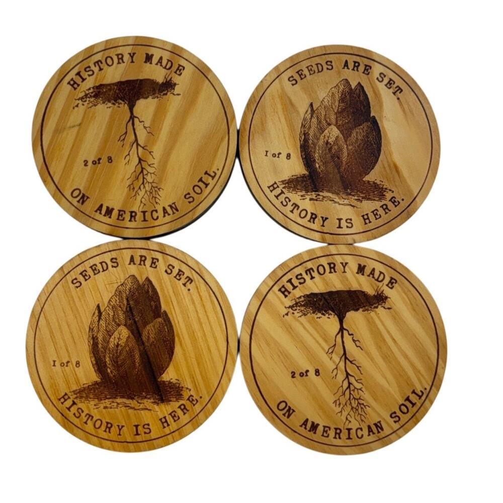 Copenhagen Wooden Coasters Set 4 Nature Print Solid‎ Wood Round USA Limited